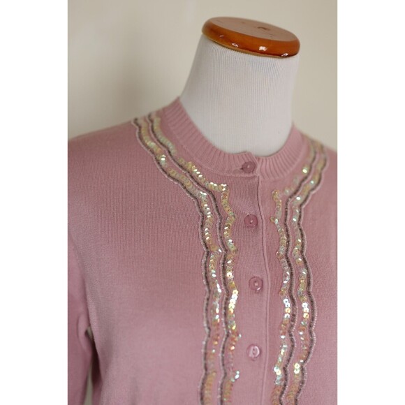 Vintage Y2K Pink Sequin Beaded Button Down Cardigan Coquette Preppy Pin Up M - Picture 6 of 13